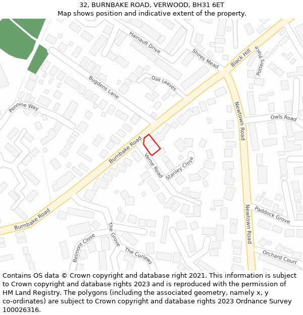 32, BURNBAKE ROAD, VERWOOD, BH31 6ET: Location map and indicative extent of plot