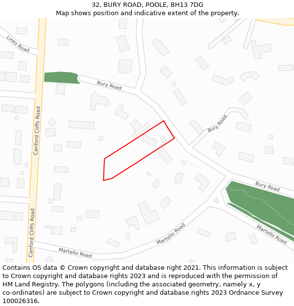 32, BURY ROAD, POOLE, BH13 7DG: Location map and indicative extent of plot