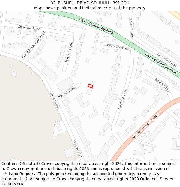 32, BUSHELL DRIVE, SOLIHULL, B91 2QU: Location map and indicative extent of plot