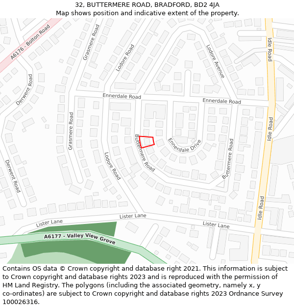 32, BUTTERMERE ROAD, BRADFORD, BD2 4JA: Location map and indicative extent of plot