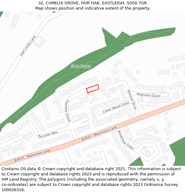 32, CAMELIA GROVE, FAIR OAK, EASTLEIGH, SO50 7GR: Location map and indicative extent of plot