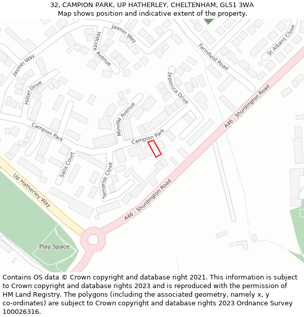 32, CAMPION PARK, UP HATHERLEY, CHELTENHAM, GL51 3WA: Location map and indicative extent of plot