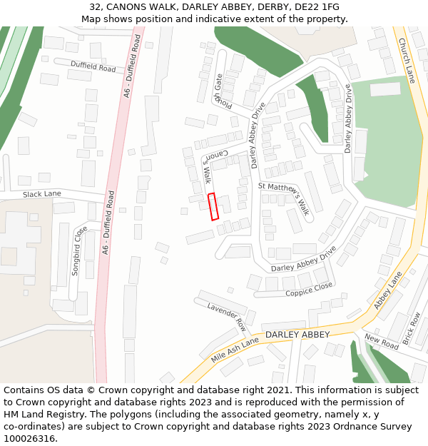 32, CANONS WALK, DARLEY ABBEY, DERBY, DE22 1FG: Location map and indicative extent of plot