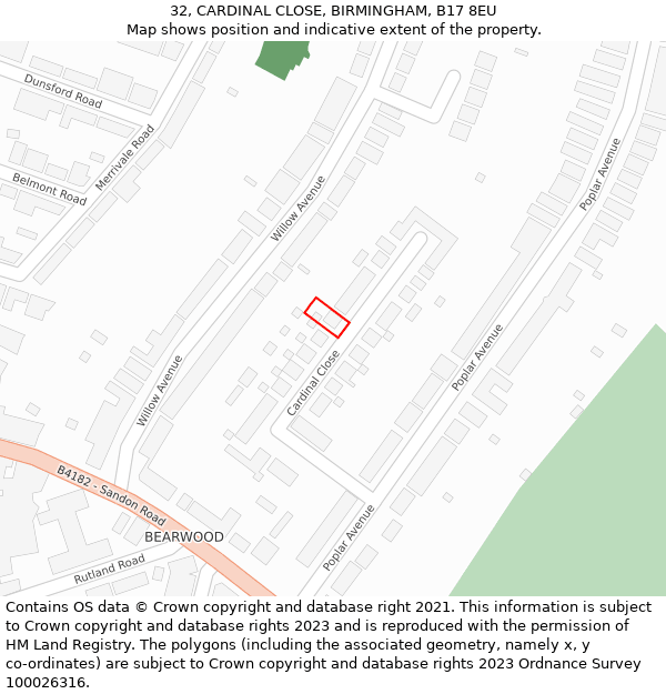 32, CARDINAL CLOSE, BIRMINGHAM, B17 8EU: Location map and indicative extent of plot