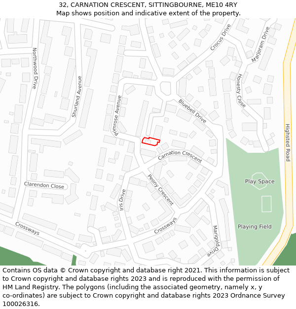 32, CARNATION CRESCENT, SITTINGBOURNE, ME10 4RY: Location map and indicative extent of plot