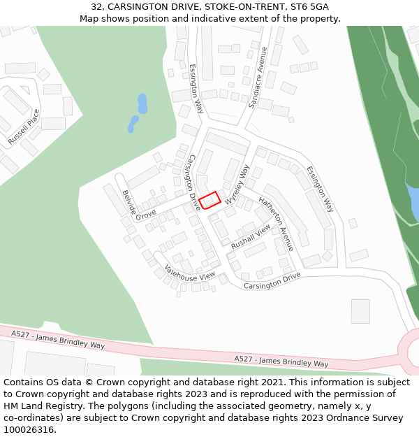 32, CARSINGTON DRIVE, STOKE-ON-TRENT, ST6 5GA: Location map and indicative extent of plot