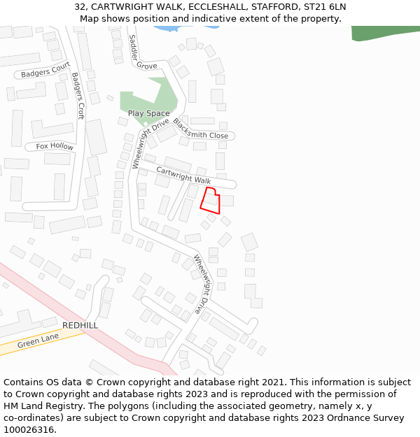 32, CARTWRIGHT WALK, ECCLESHALL, STAFFORD, ST21 6LN: Location map and indicative extent of plot