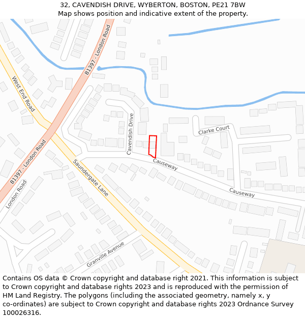 32, CAVENDISH DRIVE, WYBERTON, BOSTON, PE21 7BW: Location map and indicative extent of plot