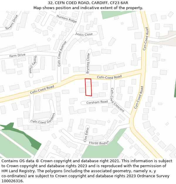 32, CEFN COED ROAD, CARDIFF, CF23 6AR: Location map and indicative extent of plot