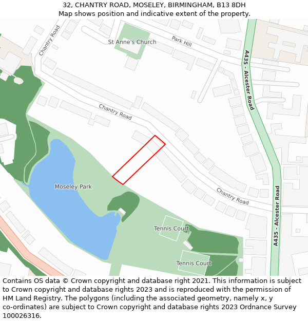 32, CHANTRY ROAD, MOSELEY, BIRMINGHAM, B13 8DH: Location map and indicative extent of plot