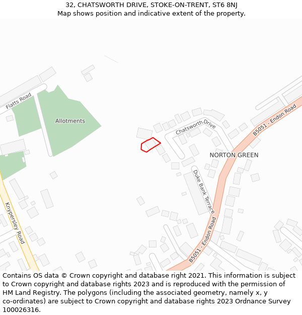 32, CHATSWORTH DRIVE, STOKE-ON-TRENT, ST6 8NJ: Location map and indicative extent of plot