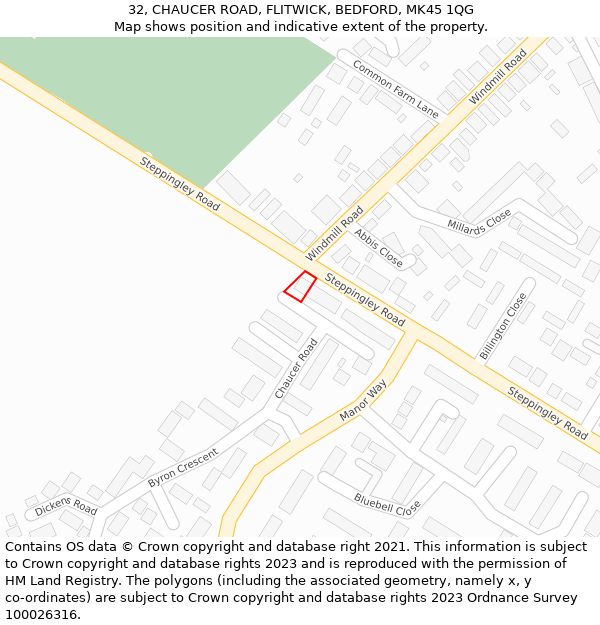 32, CHAUCER ROAD, FLITWICK, BEDFORD, MK45 1QG: Location map and indicative extent of plot