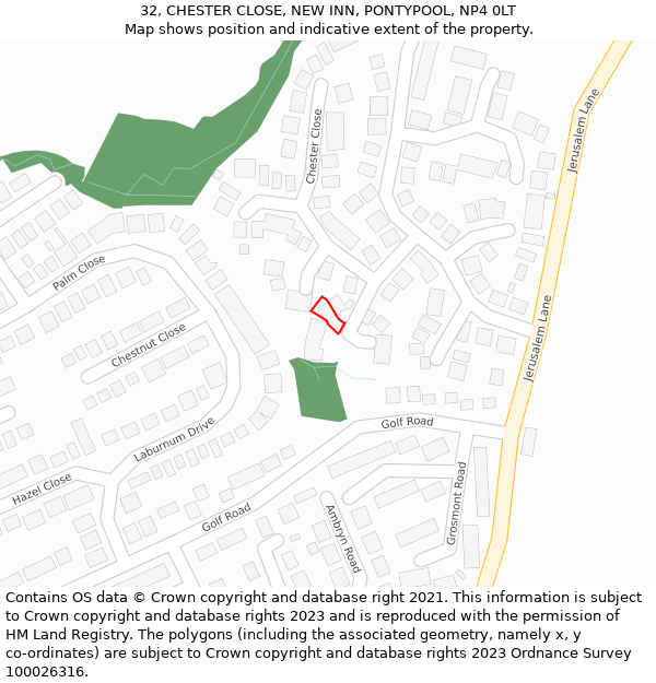 32, CHESTER CLOSE, NEW INN, PONTYPOOL, NP4 0LT: Location map and indicative extent of plot