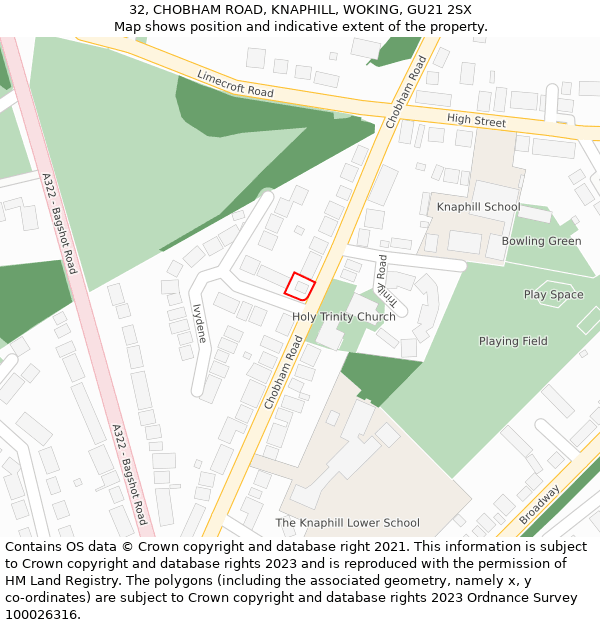 32, CHOBHAM ROAD, KNAPHILL, WOKING, GU21 2SX: Location map and indicative extent of plot