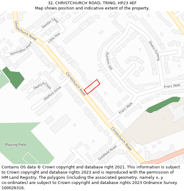 32, CHRISTCHURCH ROAD, TRING, HP23 4EF: Location map and indicative extent of plot