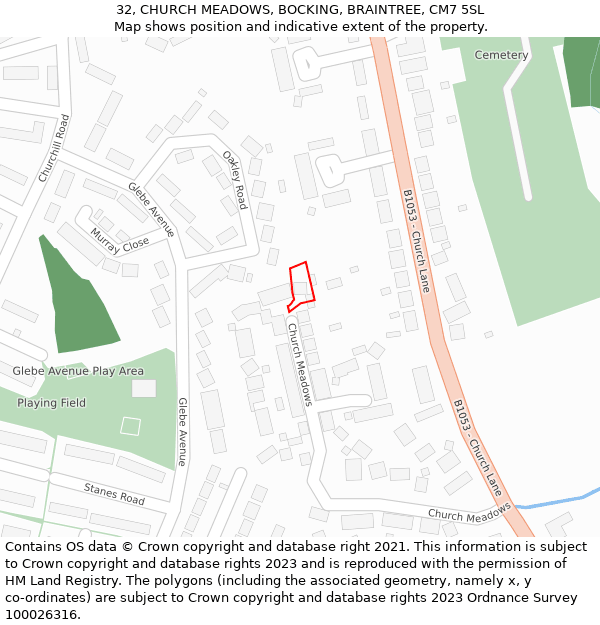 32, CHURCH MEADOWS, BOCKING, BRAINTREE, CM7 5SL: Location map and indicative extent of plot