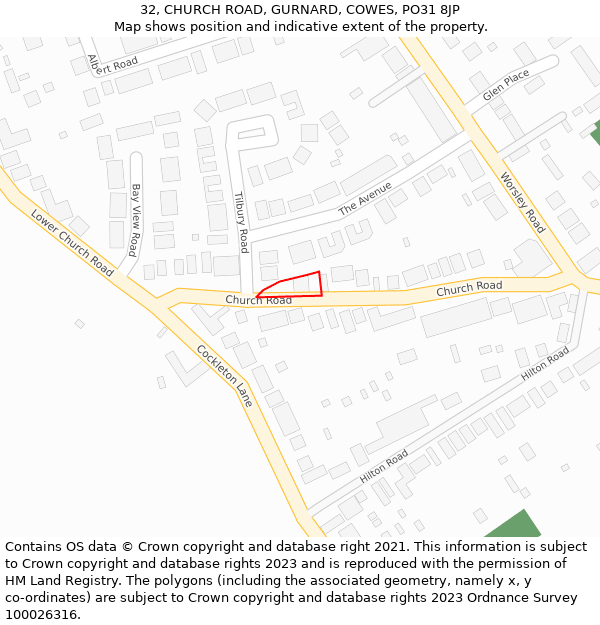 32, CHURCH ROAD, GURNARD, COWES, PO31 8JP: Location map and indicative extent of plot