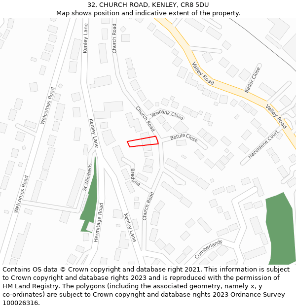 32, CHURCH ROAD, KENLEY, CR8 5DU: Location map and indicative extent of plot