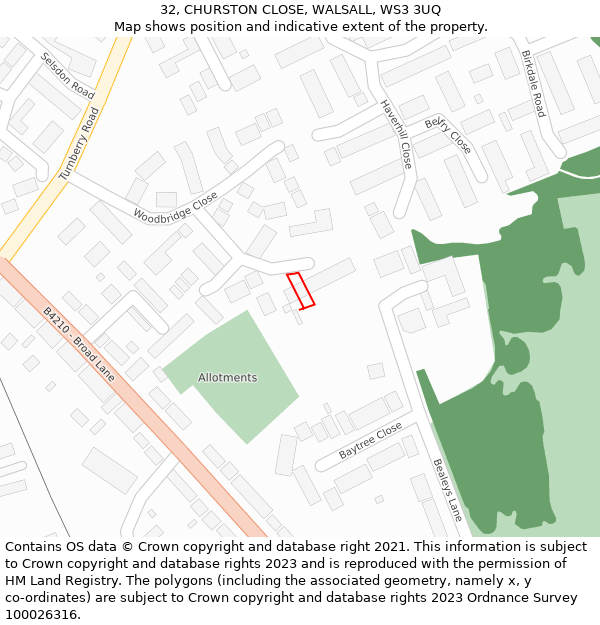 32, CHURSTON CLOSE, WALSALL, WS3 3UQ: Location map and indicative extent of plot