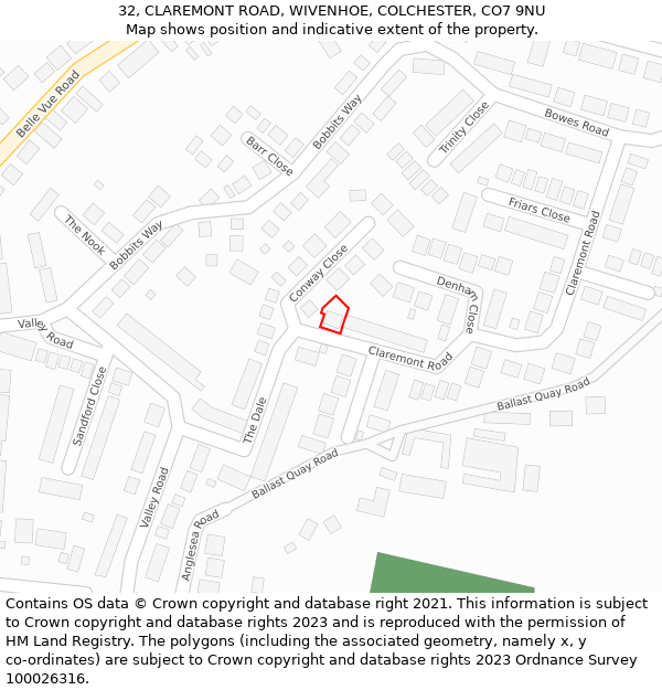 32, CLAREMONT ROAD, WIVENHOE, COLCHESTER, CO7 9NU: Location map and indicative extent of plot