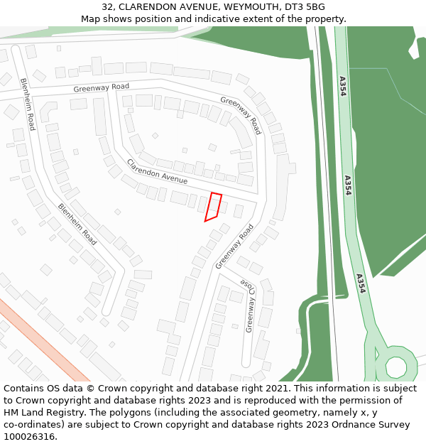 32, CLARENDON AVENUE, WEYMOUTH, DT3 5BG: Location map and indicative extent of plot