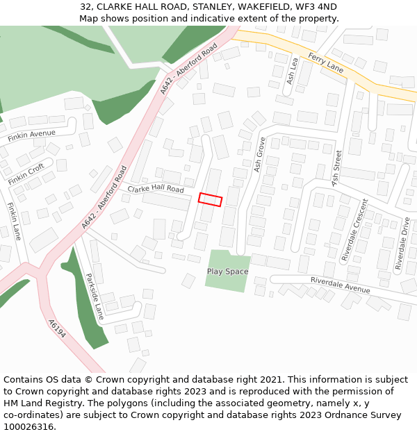 32, CLARKE HALL ROAD, STANLEY, WAKEFIELD, WF3 4ND: Location map and indicative extent of plot
