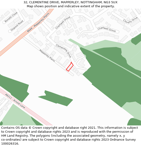 32, CLEMENTINE DRIVE, MAPPERLEY, NOTTINGHAM, NG3 5UX: Location map and indicative extent of plot