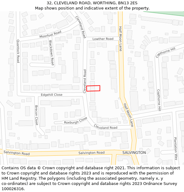32, CLEVELAND ROAD, WORTHING, BN13 2ES: Location map and indicative extent of plot