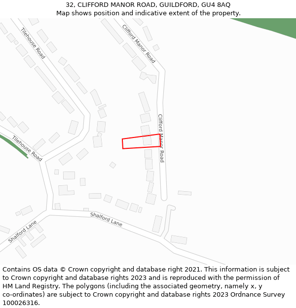 32, CLIFFORD MANOR ROAD, GUILDFORD, GU4 8AQ: Location map and indicative extent of plot