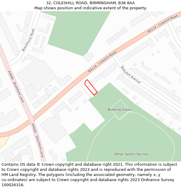 32, COLESHILL ROAD, BIRMINGHAM, B36 8AA: Location map and indicative extent of plot