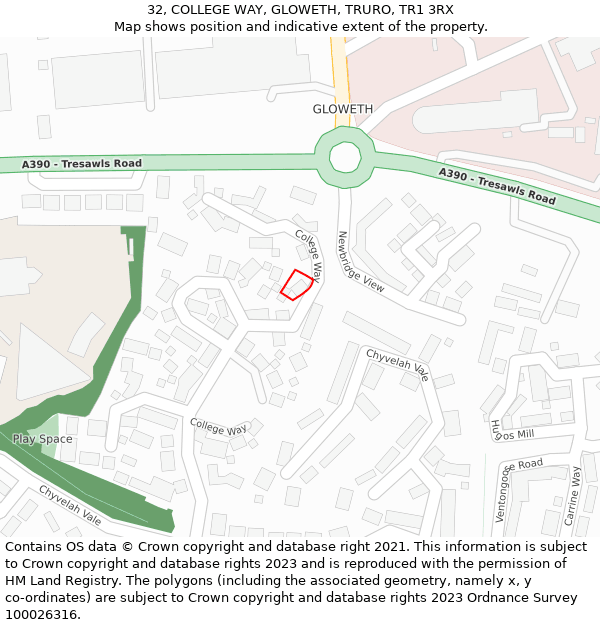 32, COLLEGE WAY, GLOWETH, TRURO, TR1 3RX: Location map and indicative extent of plot