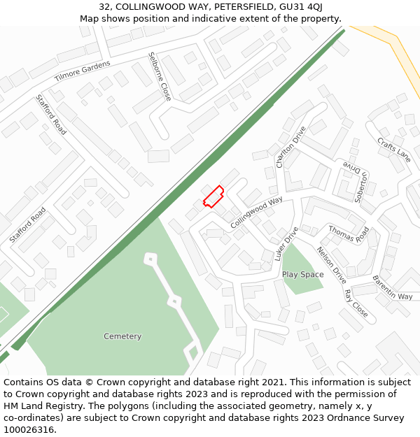 32, COLLINGWOOD WAY, PETERSFIELD, GU31 4QJ: Location map and indicative extent of plot