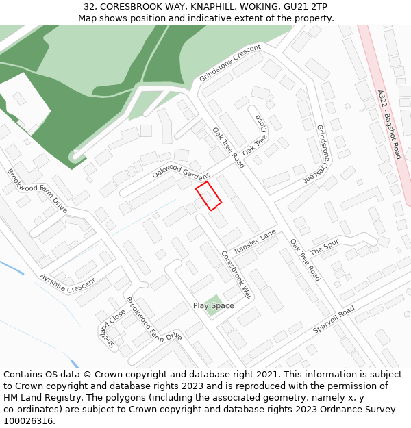 32, CORESBROOK WAY, KNAPHILL, WOKING, GU21 2TP: Location map and indicative extent of plot