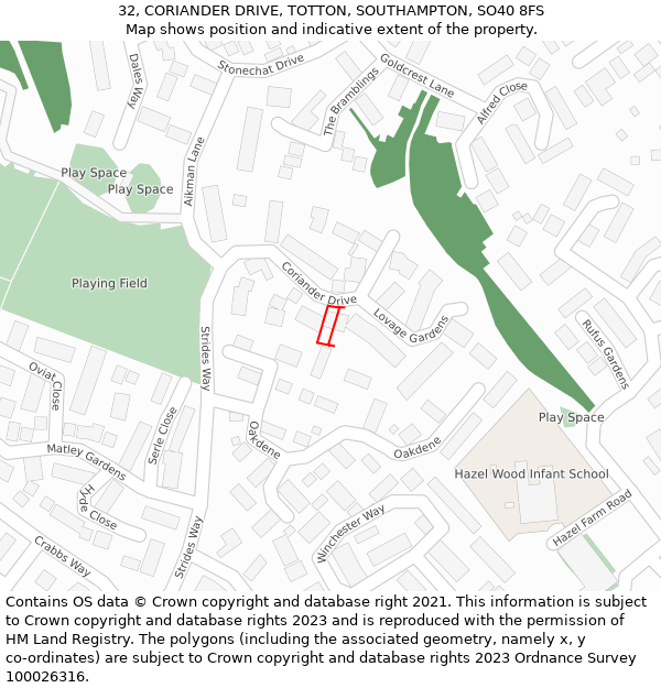 32, CORIANDER DRIVE, TOTTON, SOUTHAMPTON, SO40 8FS: Location map and indicative extent of plot