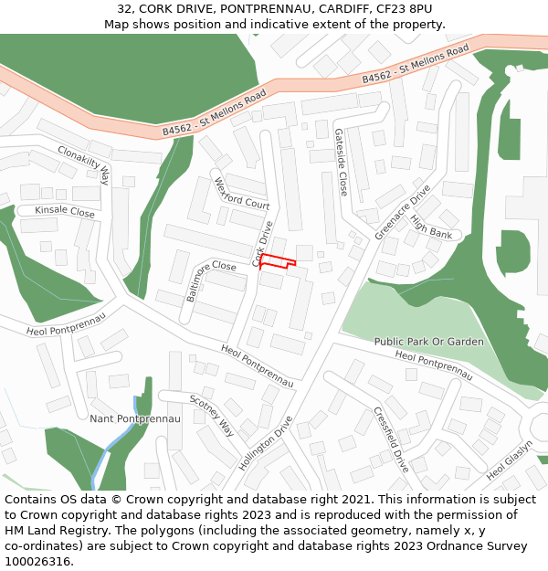 32, CORK DRIVE, PONTPRENNAU, CARDIFF, CF23 8PU: Location map and indicative extent of plot