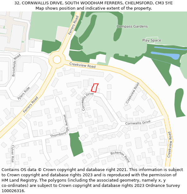 32, CORNWALLIS DRIVE, SOUTH WOODHAM FERRERS, CHELMSFORD, CM3 5YE: Location map and indicative extent of plot