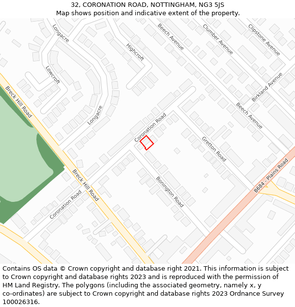 32, CORONATION ROAD, NOTTINGHAM, NG3 5JS: Location map and indicative extent of plot