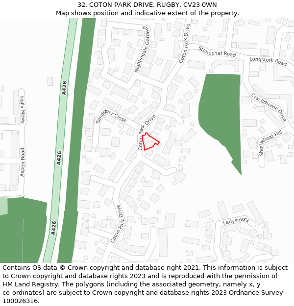 32, COTON PARK DRIVE, RUGBY, CV23 0WN: Location map and indicative extent of plot