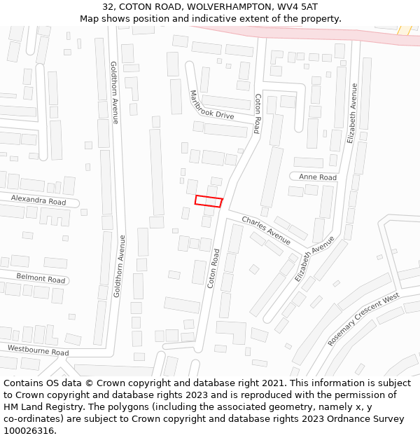 32, COTON ROAD, WOLVERHAMPTON, WV4 5AT: Location map and indicative extent of plot