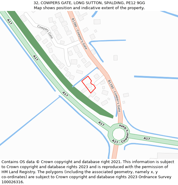 32, COWPERS GATE, LONG SUTTON, SPALDING, PE12 9GG: Location map and indicative extent of plot