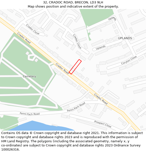 32, CRADOC ROAD, BRECON, LD3 9LH: Location map and indicative extent of plot