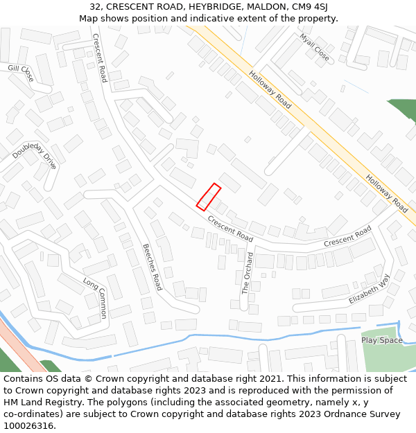 32, CRESCENT ROAD, HEYBRIDGE, MALDON, CM9 4SJ: Location map and indicative extent of plot