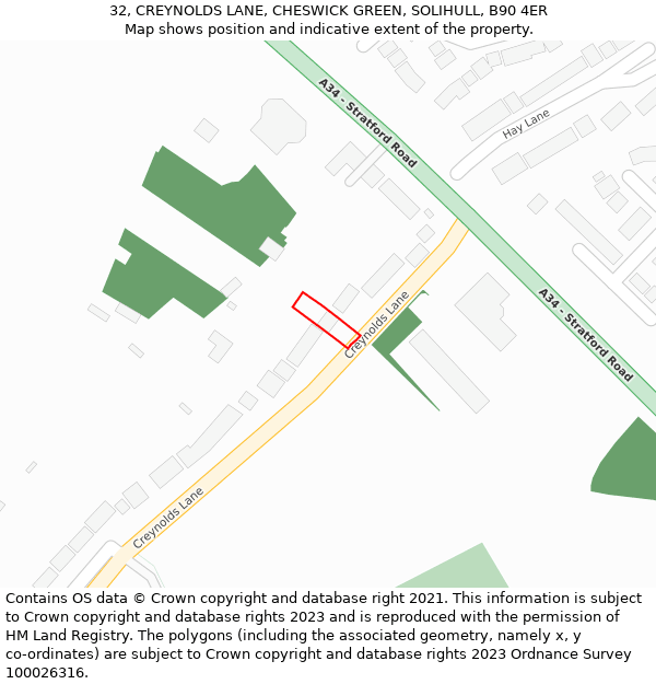 32, CREYNOLDS LANE, CHESWICK GREEN, SOLIHULL, B90 4ER: Location map and indicative extent of plot