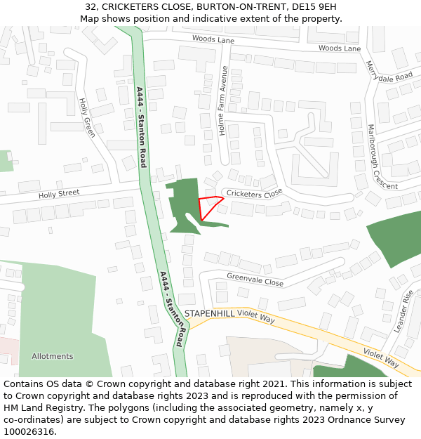 32, CRICKETERS CLOSE, BURTON-ON-TRENT, DE15 9EH: Location map and indicative extent of plot