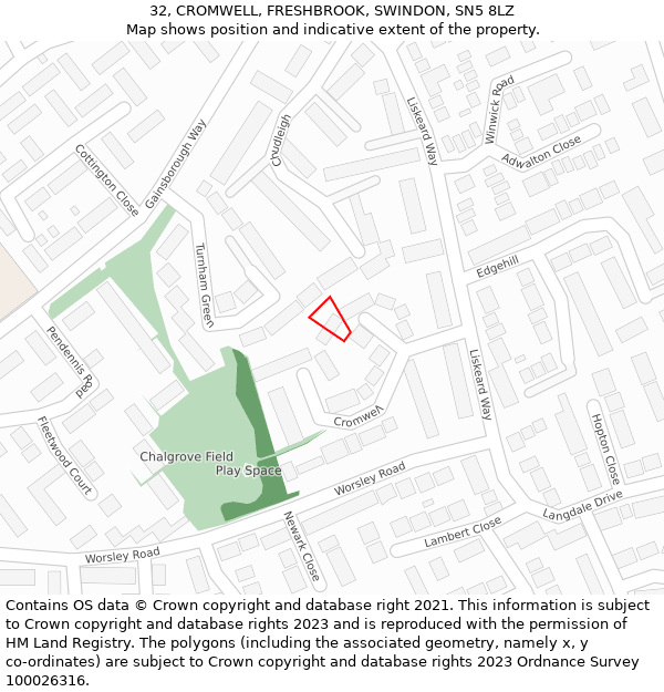 32, CROMWELL, FRESHBROOK, SWINDON, SN5 8LZ: Location map and indicative extent of plot