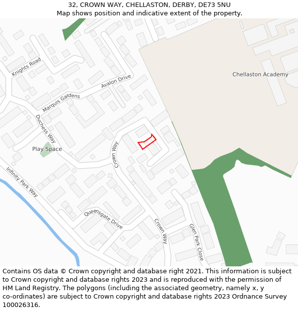 32, CROWN WAY, CHELLASTON, DERBY, DE73 5NU: Location map and indicative extent of plot