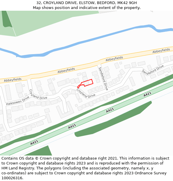 32, CROYLAND DRIVE, ELSTOW, BEDFORD, MK42 9GH: Location map and indicative extent of plot