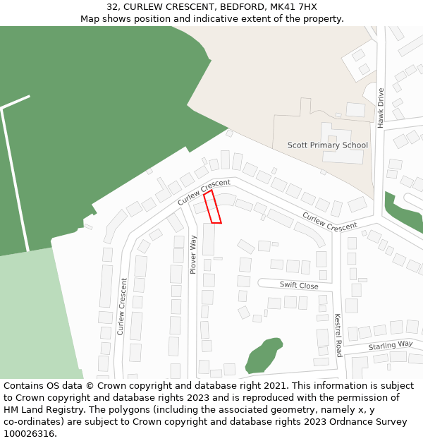 32, CURLEW CRESCENT, BEDFORD, MK41 7HX: Location map and indicative extent of plot