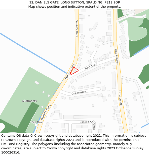 32, DANIELS GATE, LONG SUTTON, SPALDING, PE12 9DP: Location map and indicative extent of plot