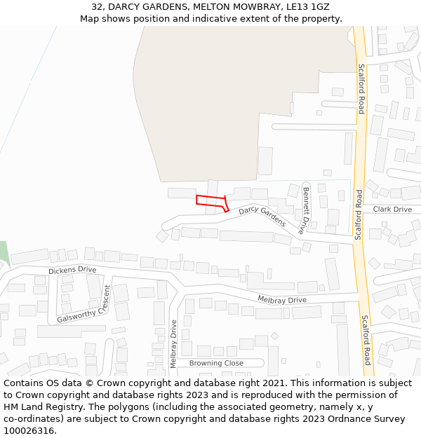 32, DARCY GARDENS, MELTON MOWBRAY, LE13 1GZ: Location map and indicative extent of plot